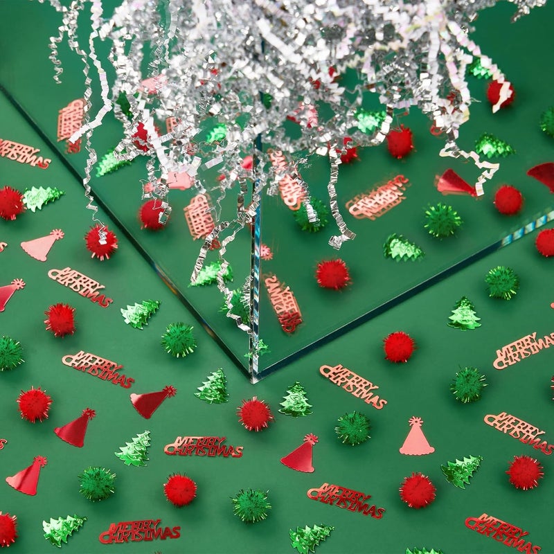 PAPER FAIR 1LB Christmas Crinkle Cut Paper Shred Filler Diamond White Metallic Silver Raffia Grass w/Green Red Pompoms, Xmas Candy Cane Gift Box Basket Wrap Craft Bedding Cushion - Image 4
